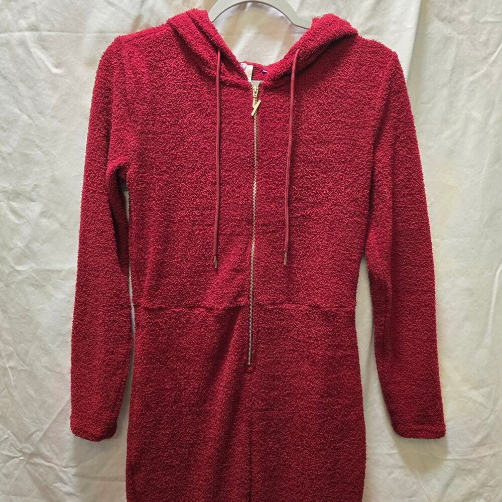 Yitty Pet Me Short red fuzzy‎ jumpsuit medium heart pockets hooded rose gold